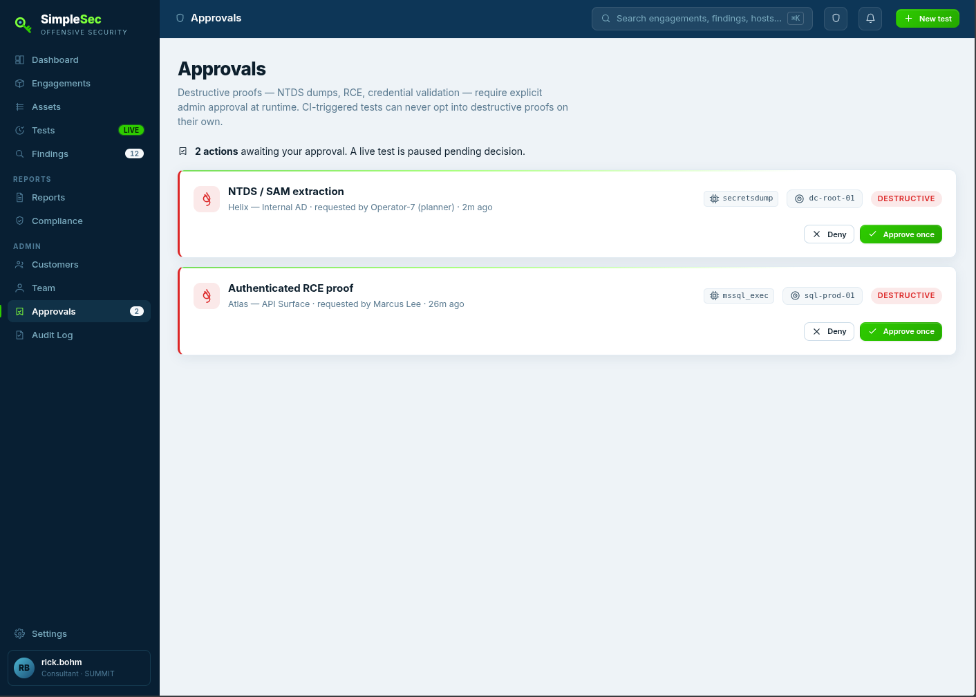 SimpleSec Approvals screen showing destructive actions awaiting admin approval, each with the proposed tool, target host, and approve or deny buttons